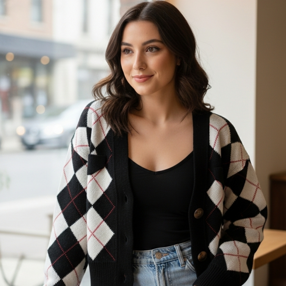 Cotton Emporium Black and White Argyle Cardigan